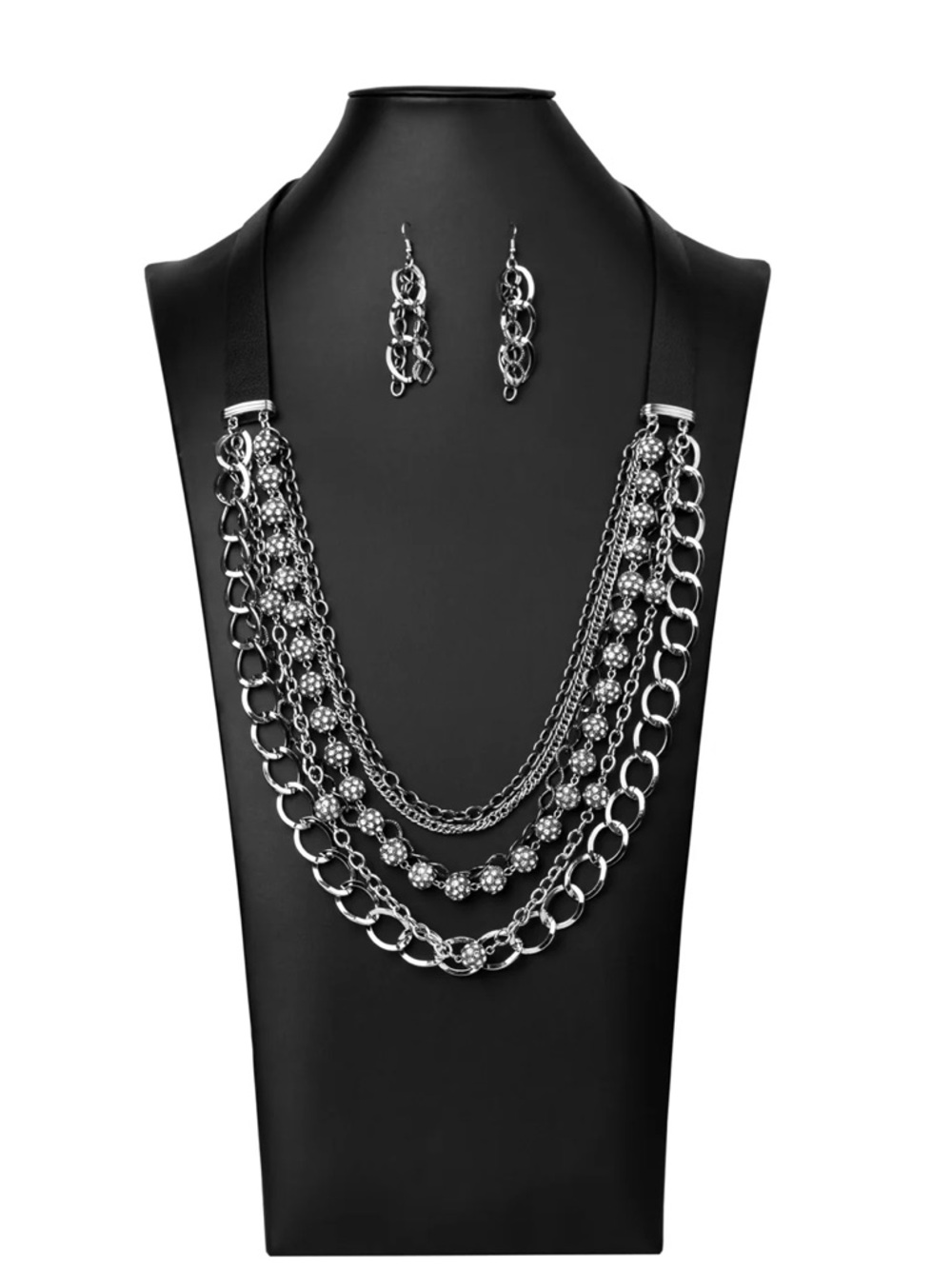 Multi-Layer Silver Chain Statement Necklace on a Leather Strap with Earrings